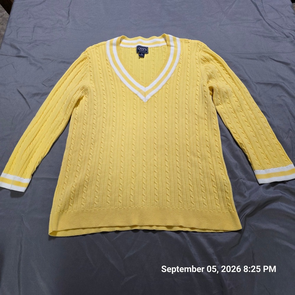 Chaps Classics Womens XL Yellow Cable Knit V-Neck Varsity Stripe Cotton Sweater